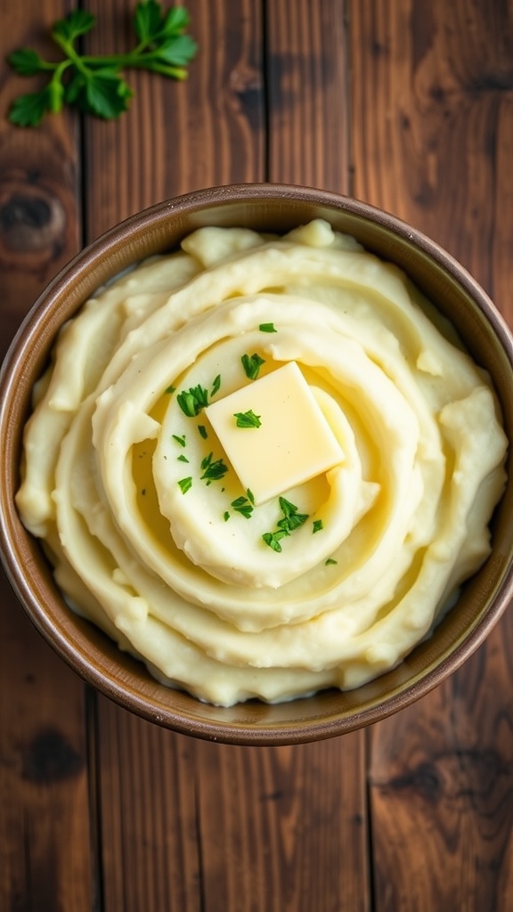 Creamy garlic mashed potatoes in a bowl, garnished with parsley and melted butter, on a wooden table.